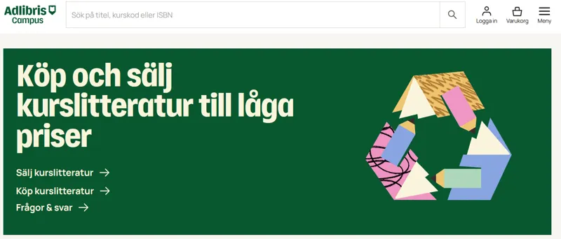 Studentbokhandel med hyllor av kurslitteratur