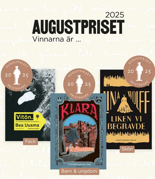 Vinnarbild med de tre omslagen som vann Augustpriset 2025